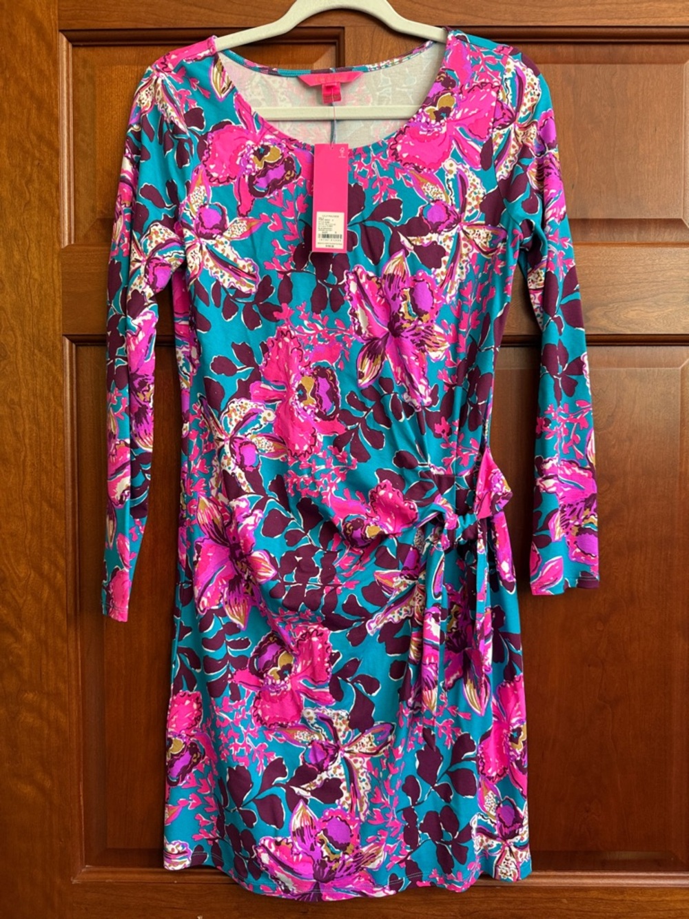 Lilly Pulitzer Floral Tie-Waist Jersey Dress in Teal & Fuchsia